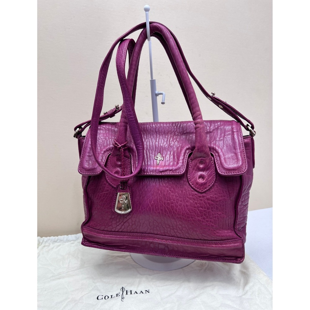 Cole Haan Satchel Bag Women Medium Magenta Excellent Pebbled Leather Crossbody